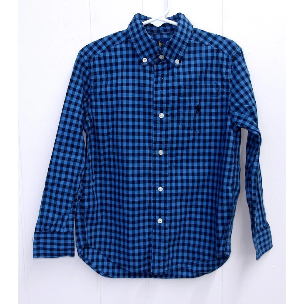 Ralph Lauren Kids Blue Gingham Checkered Long Sleeve Shirt Boys 5‎ / #1034